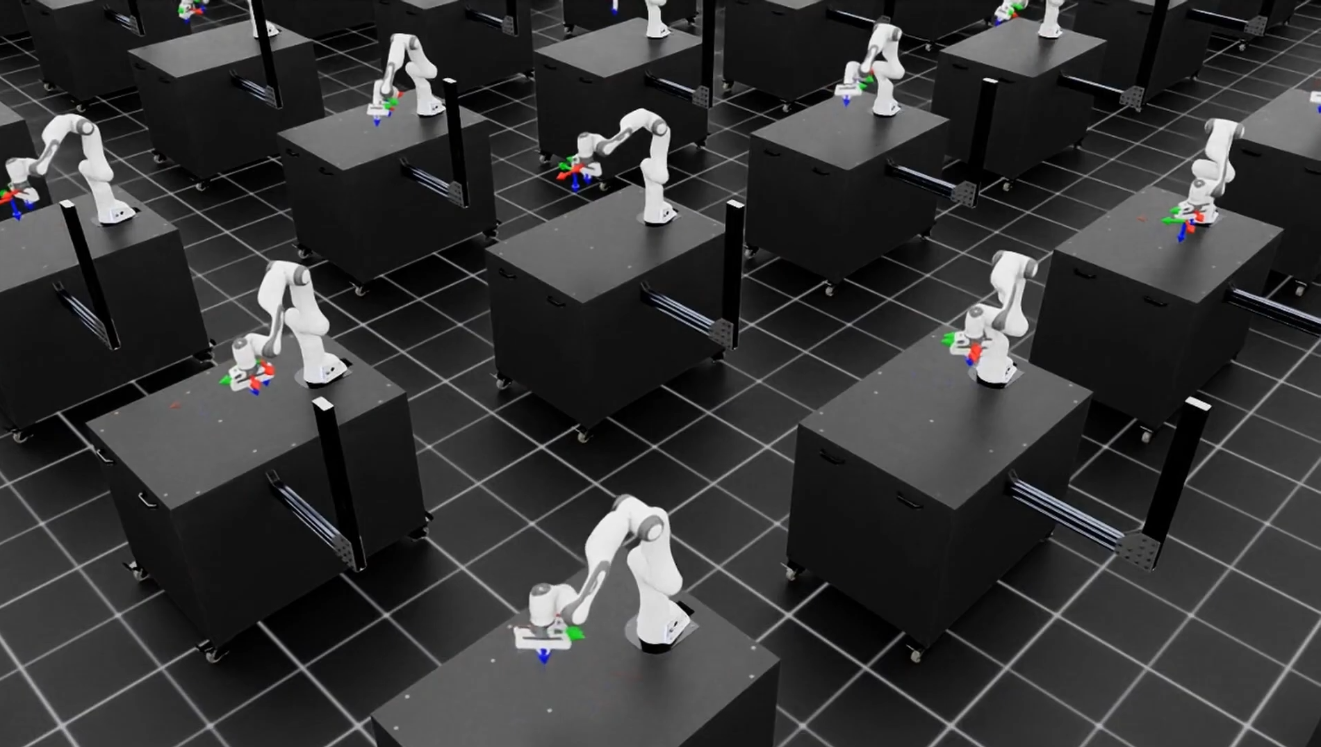 ロボットの強化学習画面（バーチャル空間で数千台のロボットを同時に訓練する様子）