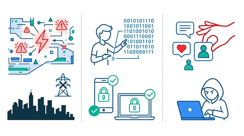 インフラ攻撃・暗号技術・アカウント乗っ取りの3コマ図解