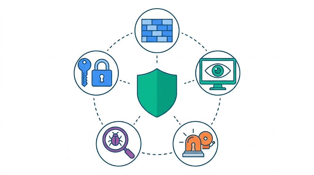 防御設計・監視・緊急対応・脆弱性診断・暗号認証の5つのアイコン図解