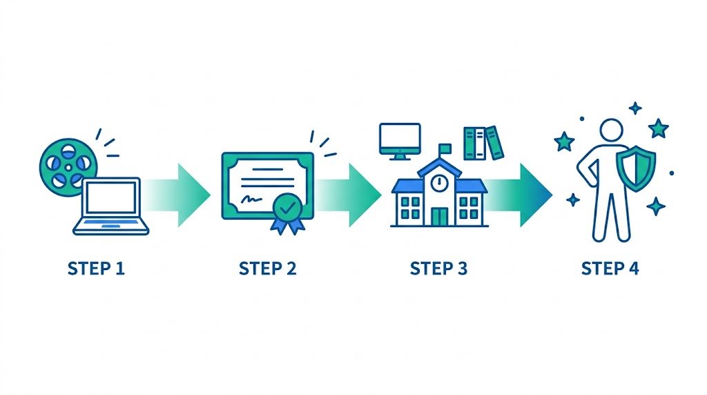 映画→資格→専門学校→エンジニアの4ステップ図解